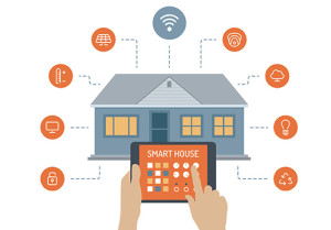 Flat design style modern vector illustration concept of smart house technology system with centralized control of lighting, heating, ventilation and air conditioning, security locks and video surveillance, energy savings and efficiency. Isolated on white background.